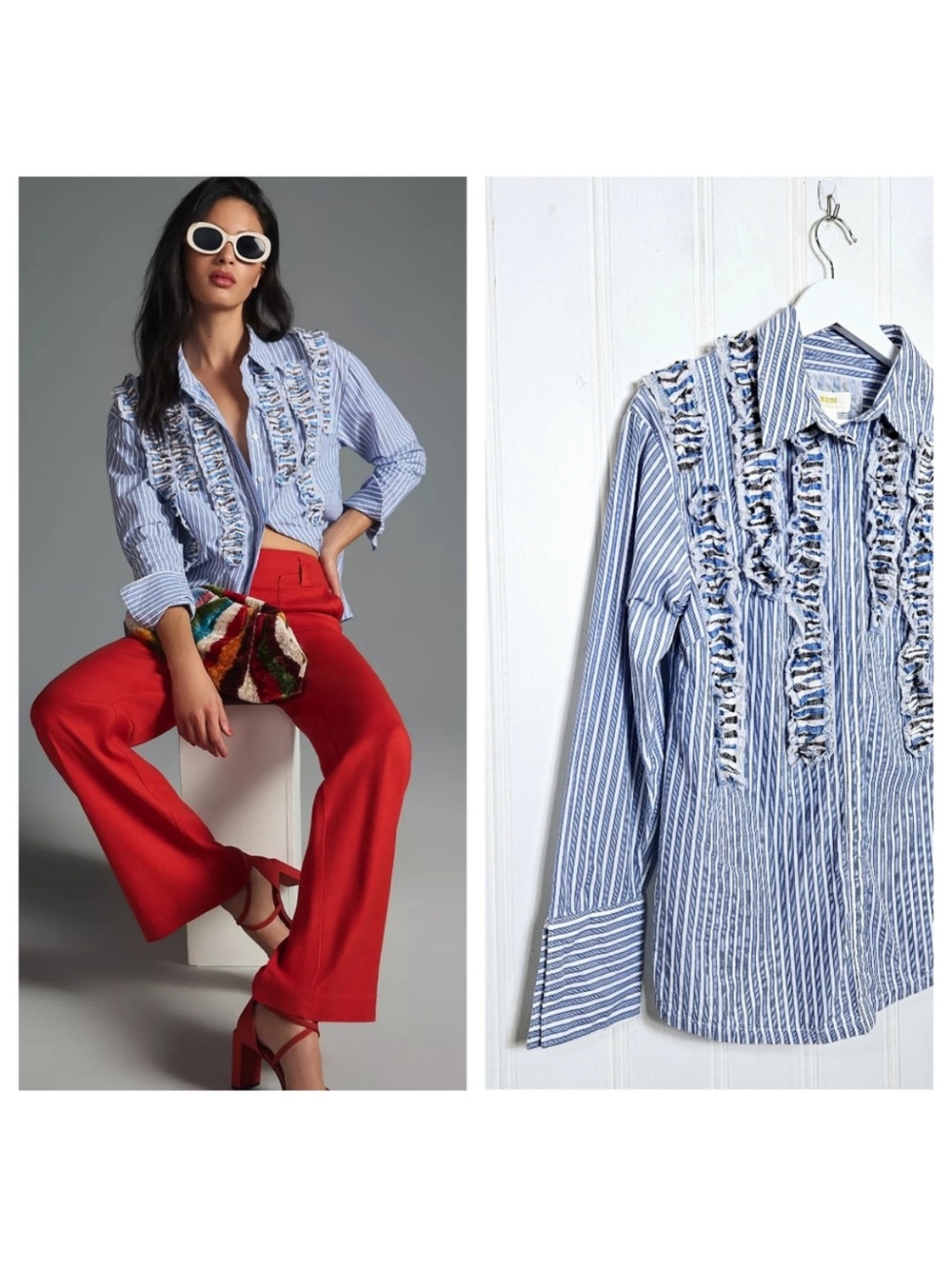 Anthropologie Maeve Blue & White Striped Ruffle-Trim Button Down Shirt Size M
